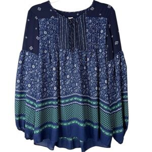 GAP Navy Blue & Green Boho Floral Long Sleeve Blouse Size Large